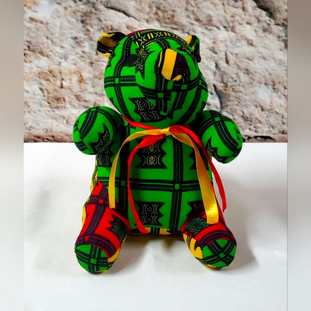 African Print Teddy Bear with Red and Yellow Ribbon